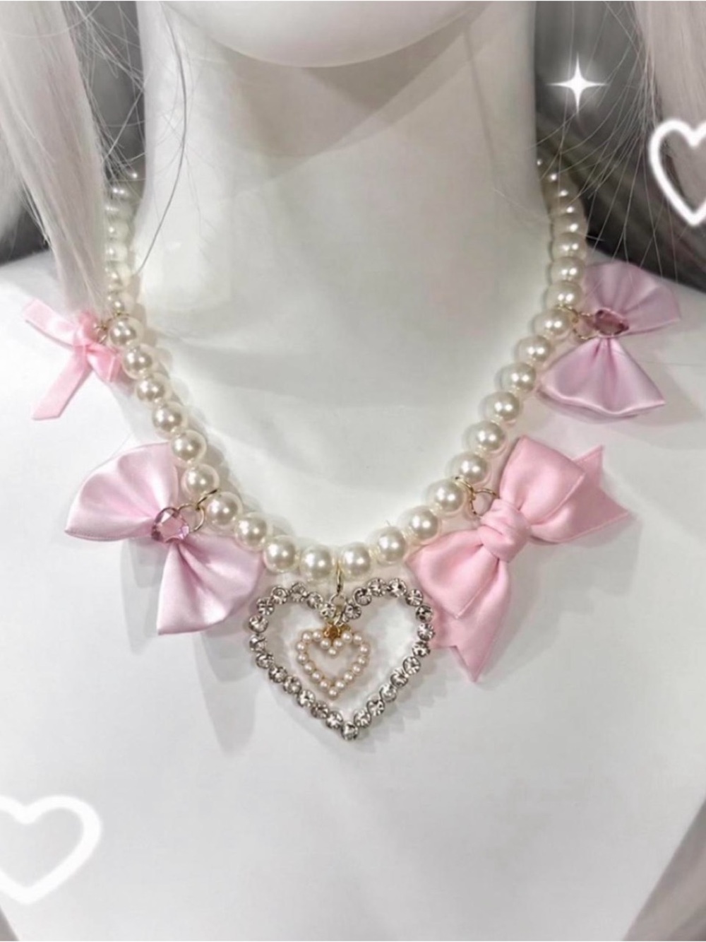 Handmade Shibuya Lolita Hime Gyaru Mars Rhinestone Pink Bow Heart Pearl Necklace